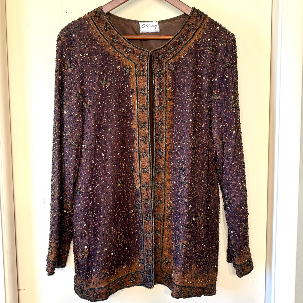 Vintage Stenay 1980s Heavily Beaded & Sequin Silk Long Sleeve Jacket Size Large